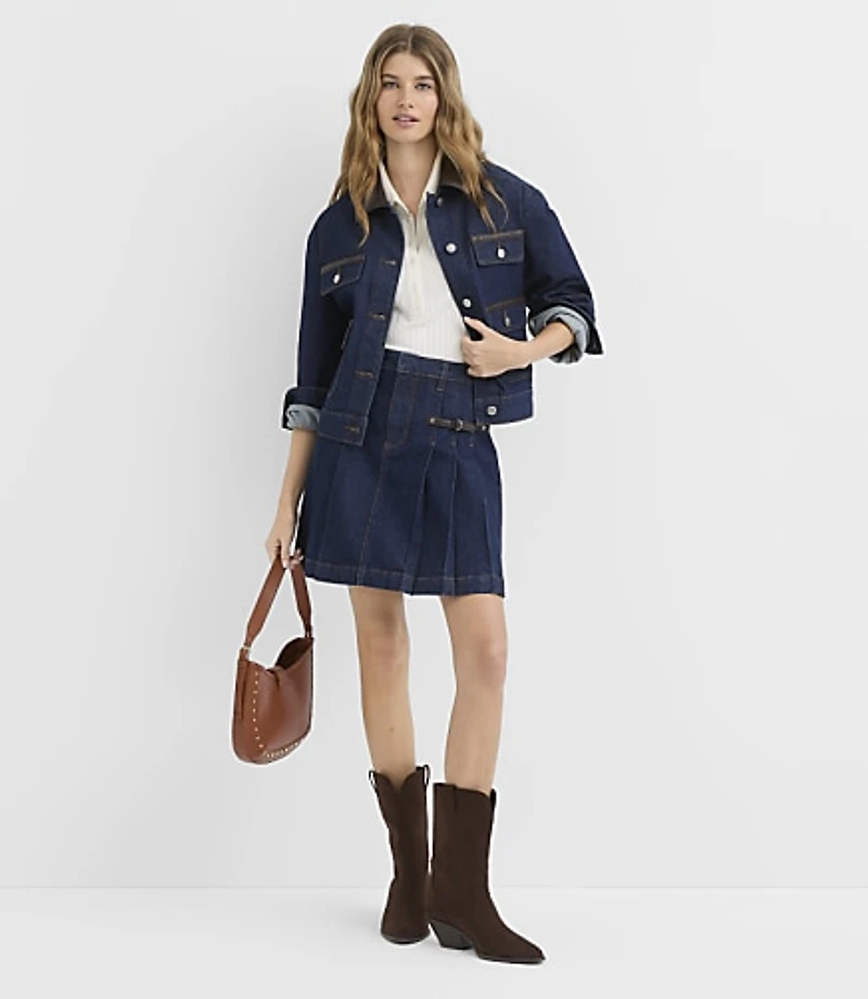Petite Faux Leather Buckle Pleated Denim Mini Skirt Classic Rinse Wash