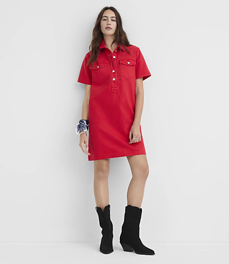 Denim Mini Pocket Dress Tango Red