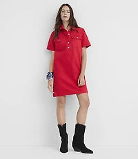 Denim Mini Pocket Dress Tango Red