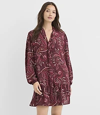 Petite Paisley Tie Neck Mini Flounce Dress