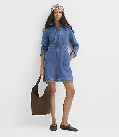 Seamed Denim Zip Mini Pocket Dress Medium Blue Wash