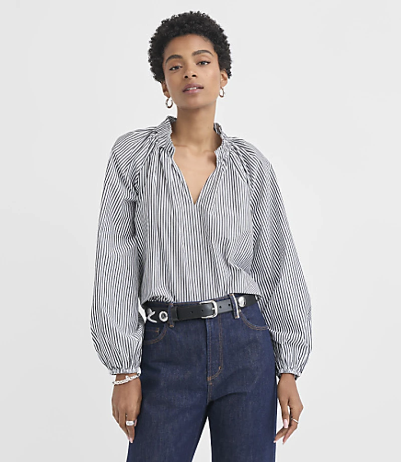 Stripe Poplin Pleated Ruffle Split Neck Blouse