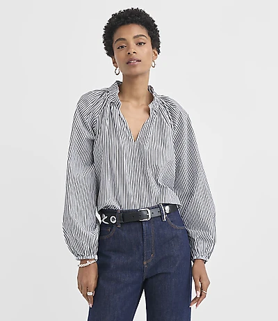Stripe Poplin Pleated Ruffle Split Neck Blouse