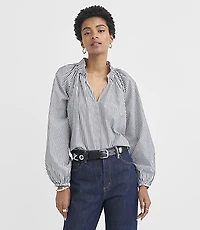 Stripe Poplin Pleated Ruffle Split Neck Blouse