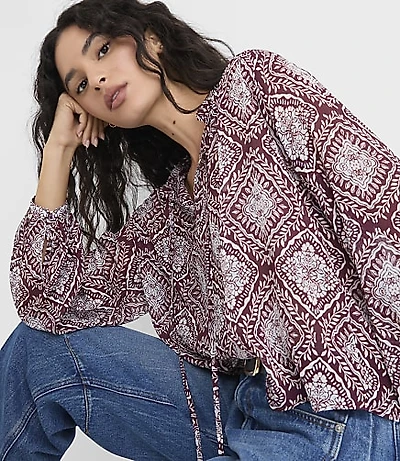 Medallion Shirred Ruffle Tie Neck Blouse