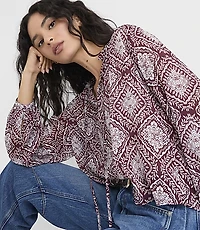 Medallion Shirred Ruffle Tie Neck Blouse