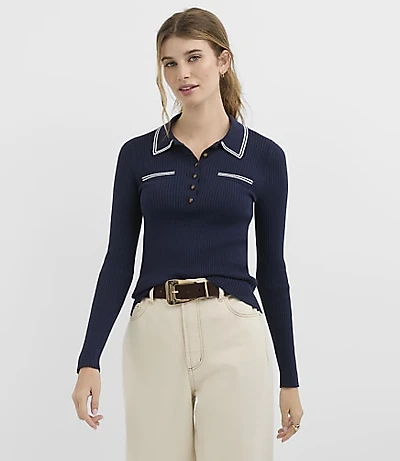 Petite Tipped Ribbed Henley Sweater