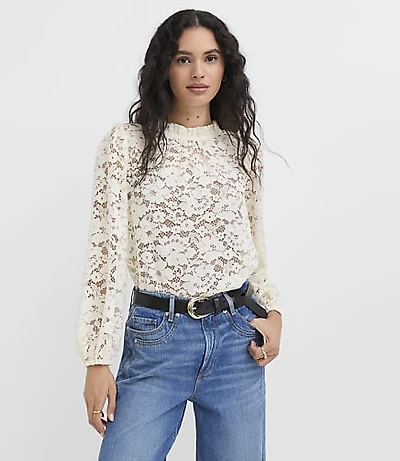 Petite Floral Lace Ruffle Neck Blouse