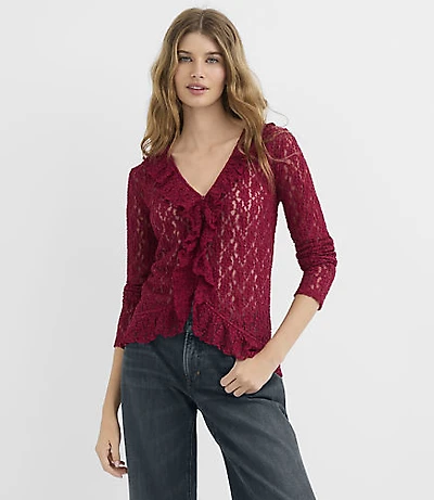 Petite Floral Lace Ruffle Top