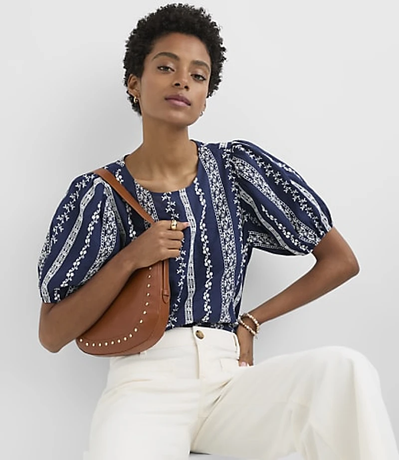 Eyelet Striped Puff Sleeve Top