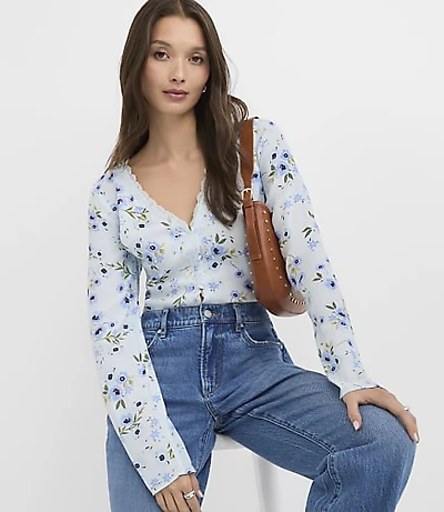 Petite Bouquet Lace Trim V-Neck Blouse
