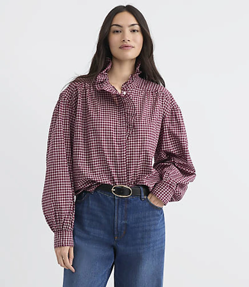 Petite Plaid Ruffle Neck Blouse