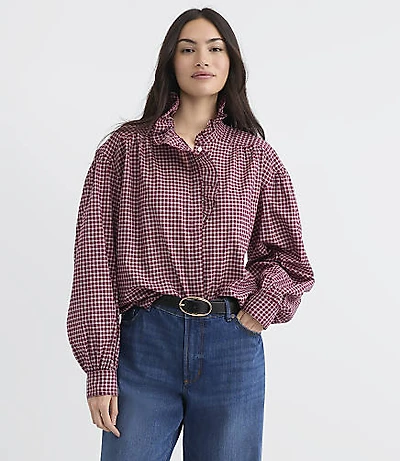 Petite Plaid Ruffle Neck Blouse