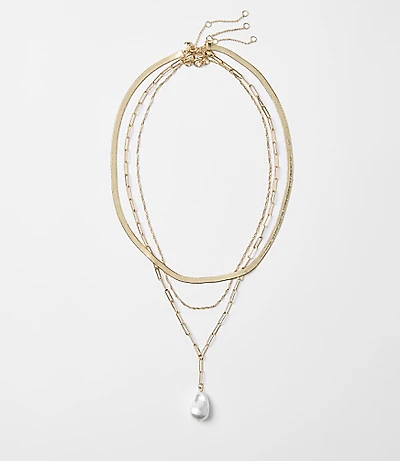 Pearlized Herringbone Chain Layered Necklace Set
