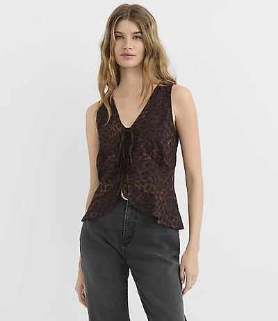 Leopard Print Tie Ruffle Shell