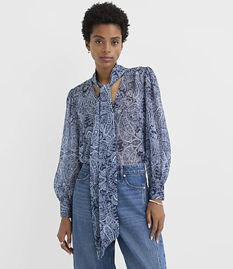 Petite Paisley Button Bow Blouse
