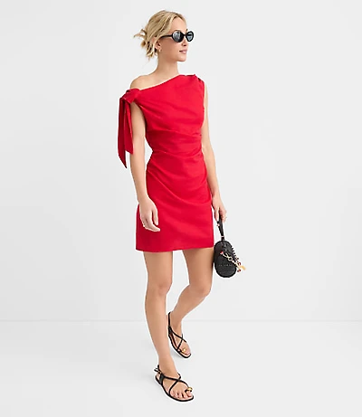 Petite LOFT Beach Linen Cotton Shoulder Tie Ruched Mini Dress