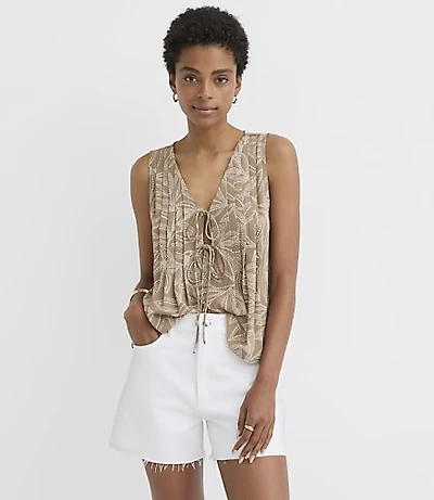 Petite Leafed Pleated Tie V-Neck Shell