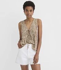 Petite Leafed Pleated Tie V-Neck Shell