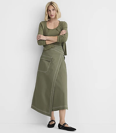 Topstitched Midi Pocket Wrap Skirt