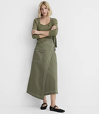 Topstitched Midi Pocket Wrap Skirt