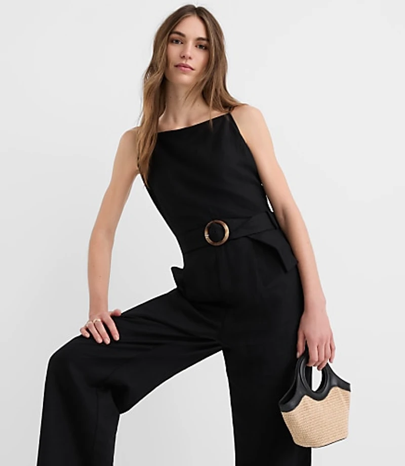 Petite Linen Blend Belted Jumpsuit