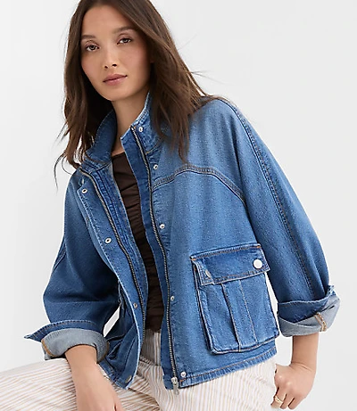 Petite Denim Modern Cargo Jacket Authentic Indigo
