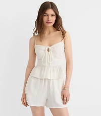 Petite LOFT Beach Strappy Ruched Triple Cloth Peplum Top