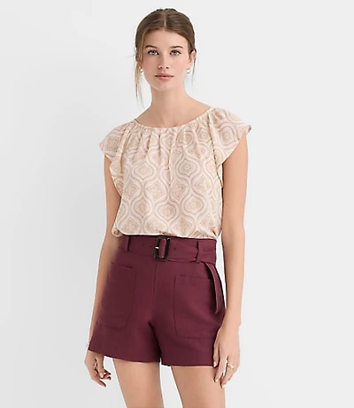Petite Floral Flutter Sleeve Mixed Media Blouse