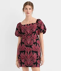 Petite Floral Linen Cotton Puff Sleeve Mini Pocket Dress