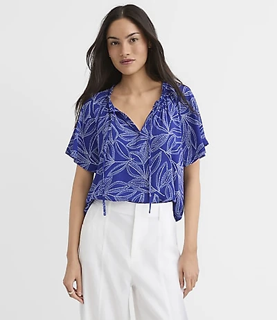 Petite Leafed Ruffle Tie Neck Mixed Media Blouse