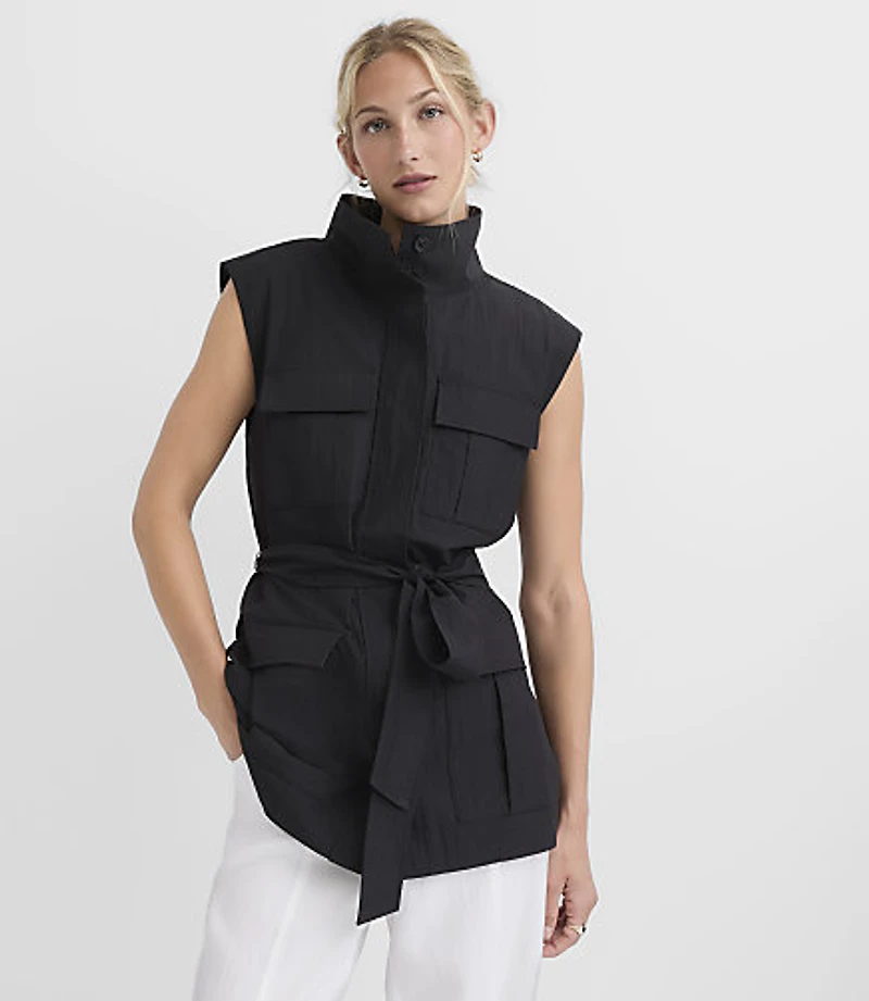 Belted Funnel Neck Pocket Vest