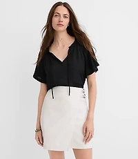 Petite Ruffle Tie Neck Mixed Media Blouse