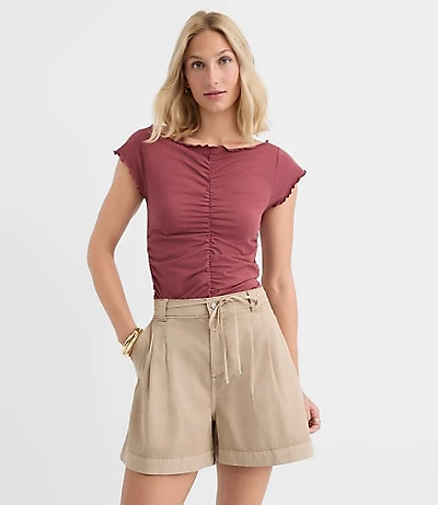 Petite Ruffle Trim Ruched Top