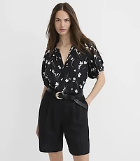 Petite Floral Puff Sleeve Split Neck Top