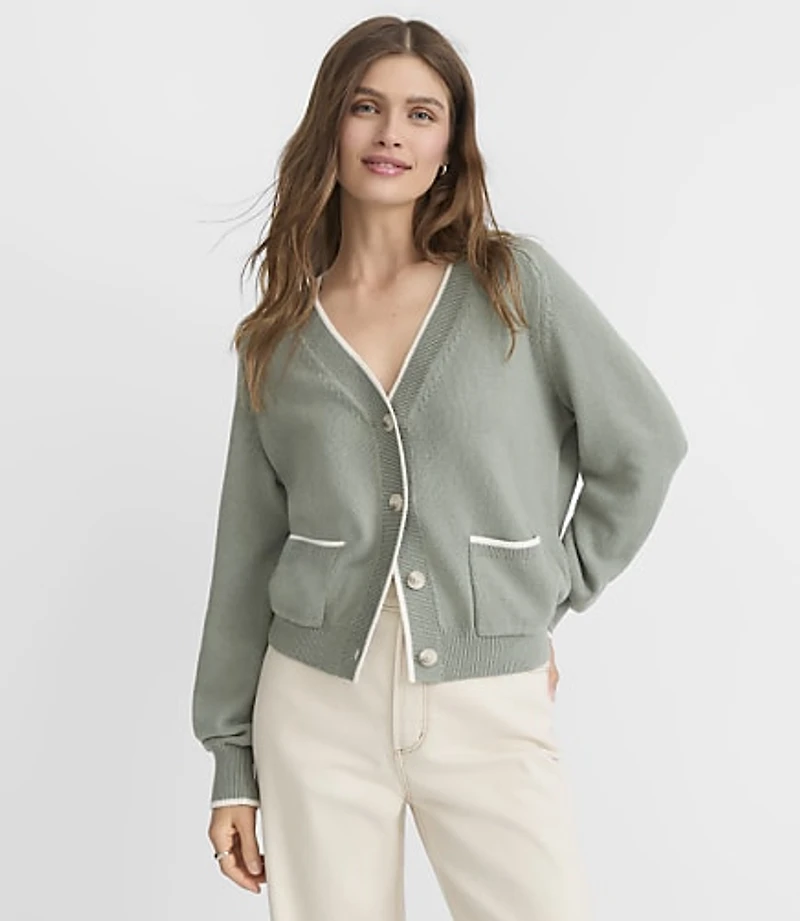 Petite Tipped Saddle Sleeve V-Neck Pocket Cardigan