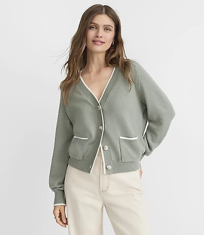 Petite Tipped Saddle Sleeve V-Neck Pocket Cardigan