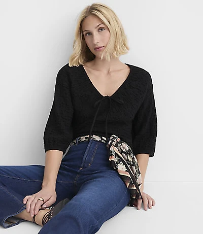 Crinkle Cinched Tie Neck Top