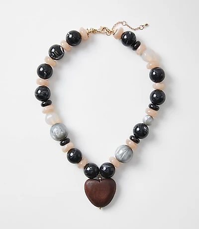 Wood Heart Beaded Statement Necklace