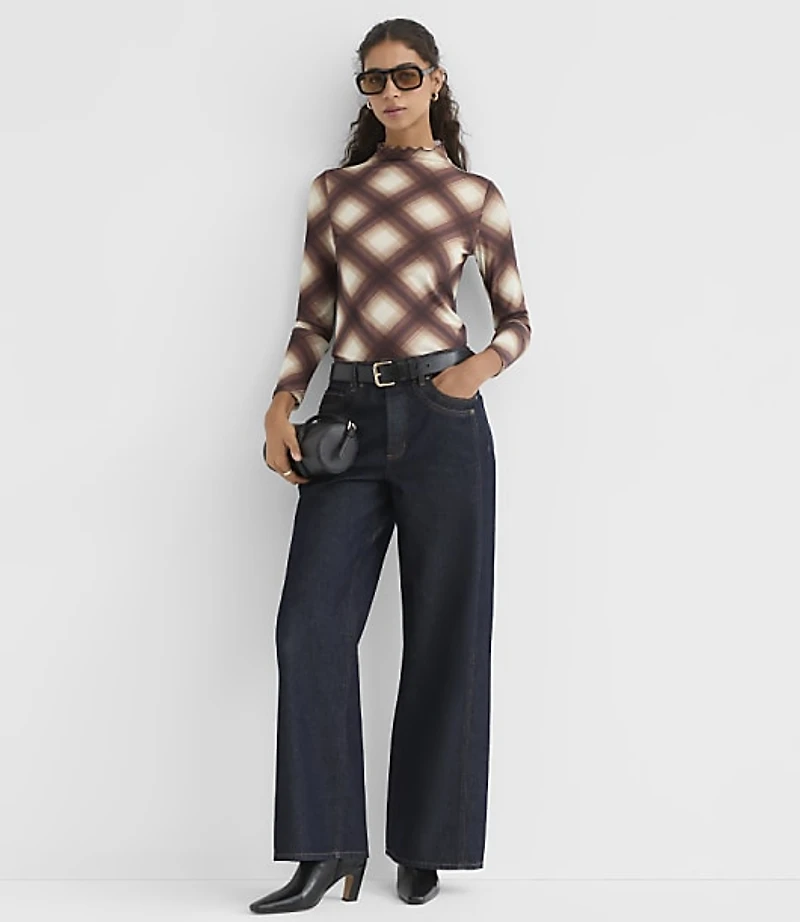 Plaid Mesh Ruffle Mock Neck Top