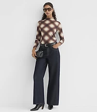 Plaid Mesh Ruffle Mock Neck Top
