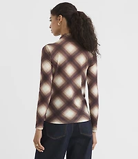 Plaid Mesh Ruffle Mock Neck Top