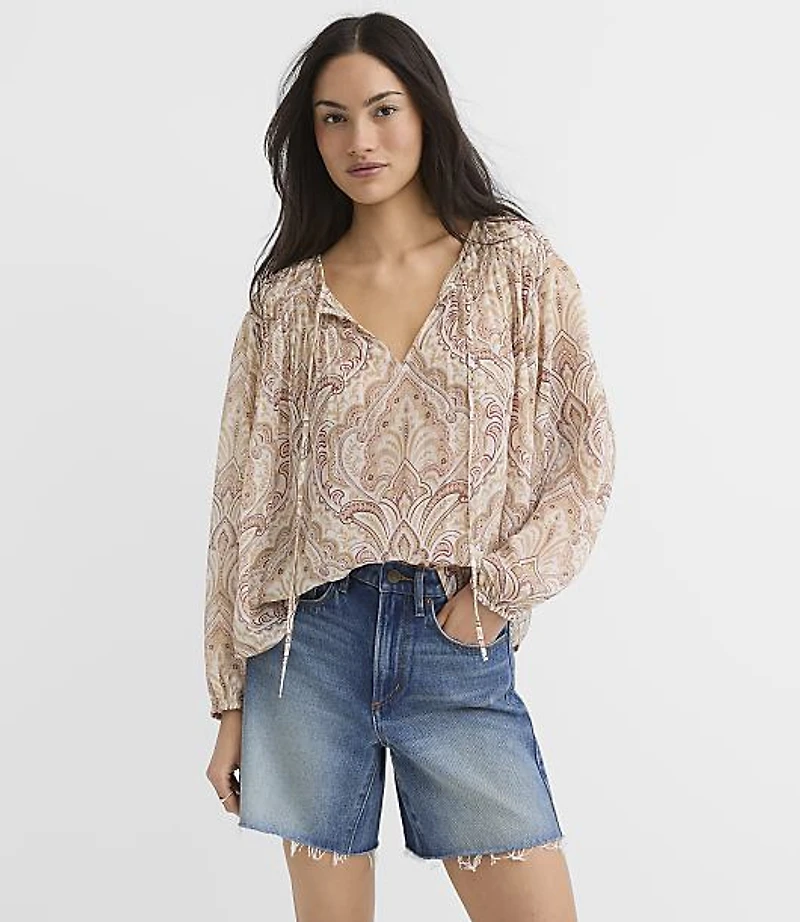 Tiled Pleated Tie Neck Blouse