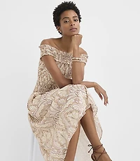 Tiled Smocked Off The Shoulder Maxi Dress
