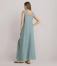 Lou & Grey Striped Linen Cotton Tie Keyhole Midi Pocket Dress