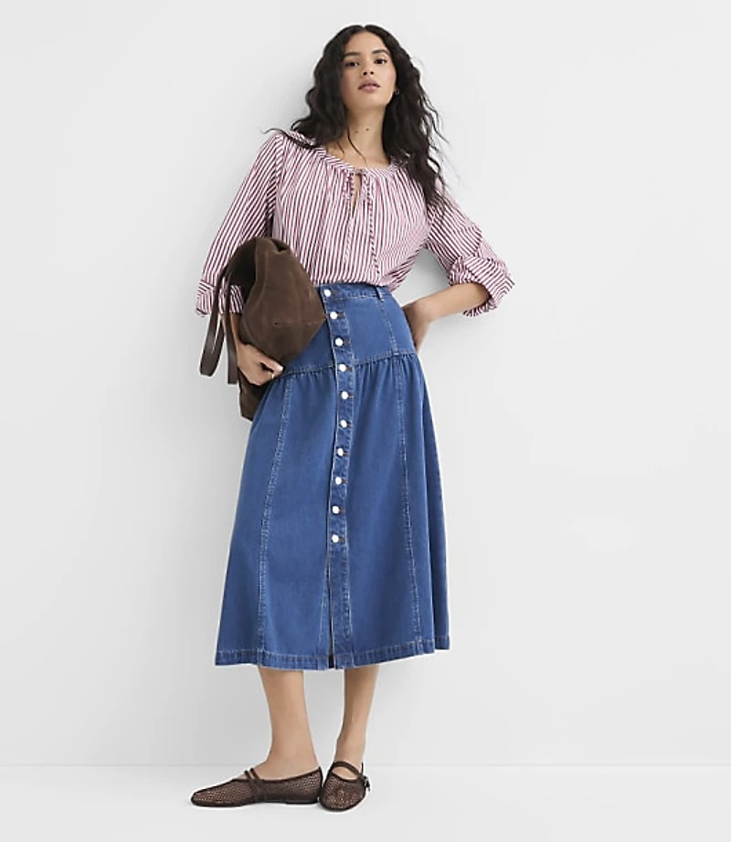 Striped Poplin Tie Neck Blouse