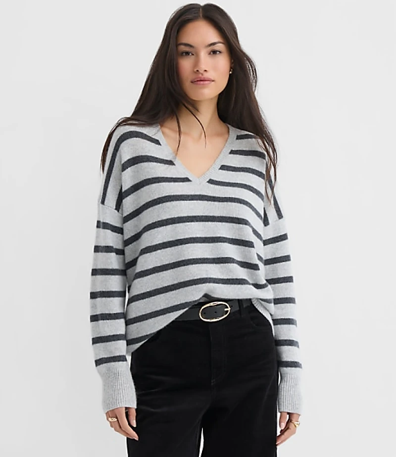 Stripe Relaxed V-Neck Cashmere Sweater
