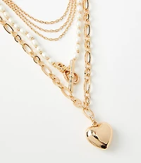 Pearlized Heart Toggle Layered Necklace Set