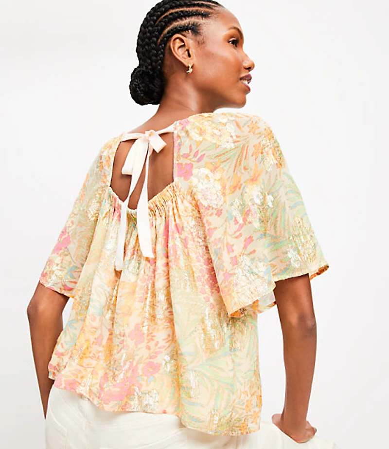 Shimmer Floral Tie Back Flutter Top