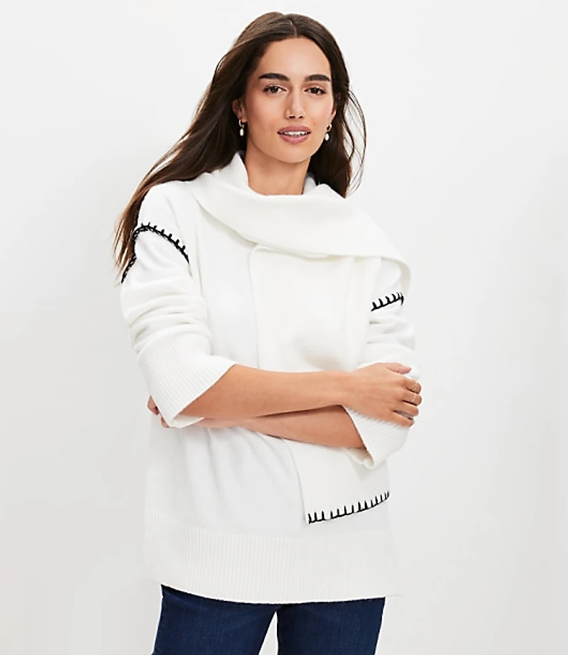 Petite Stitched Trim Removable Scarf Sweater